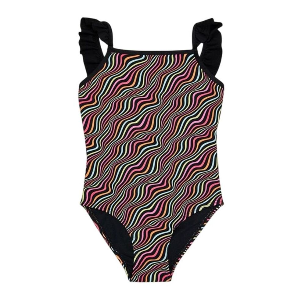 Threadbare Girls Wavy Striped Frill One Piece Bathing Suit / Black